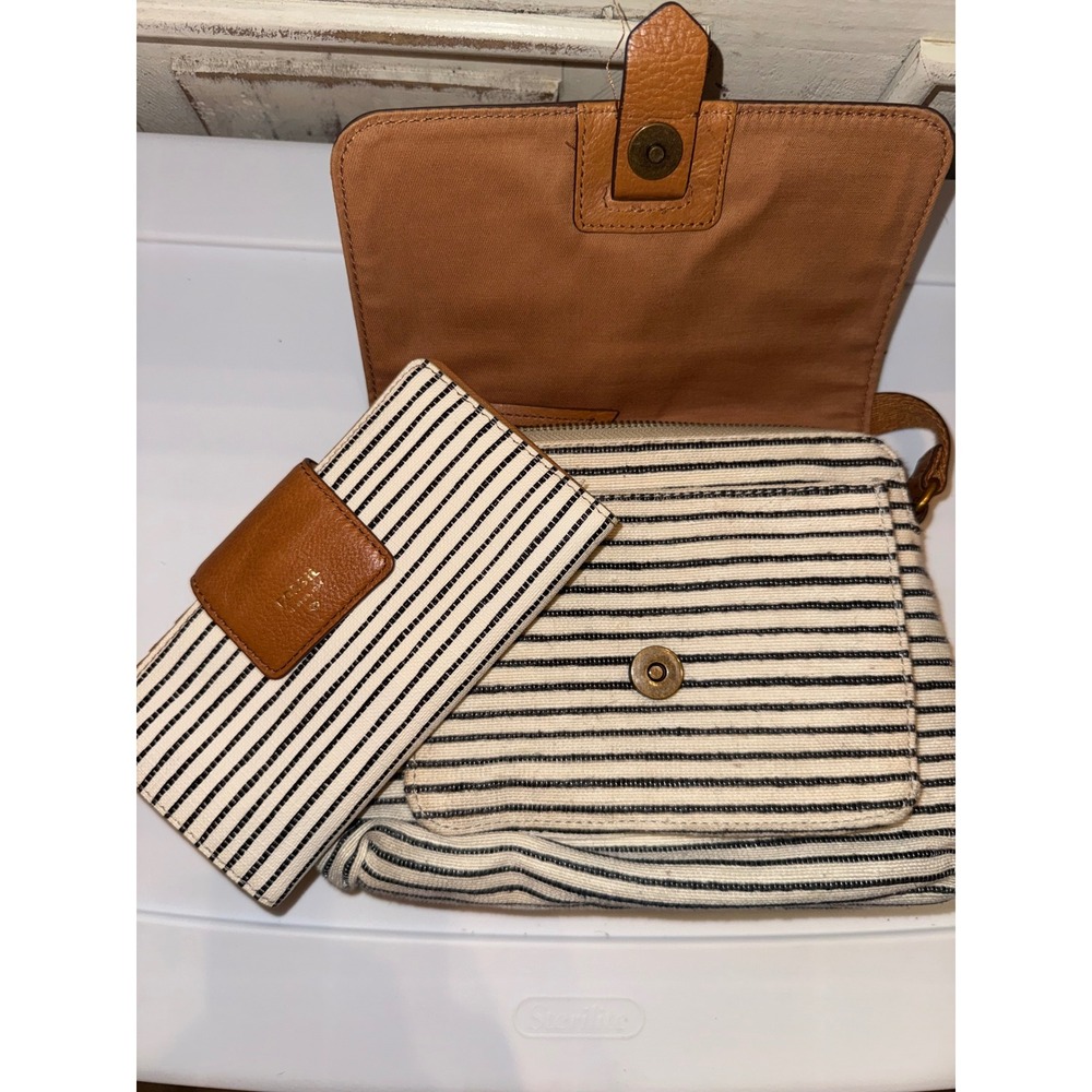 Fossil Striped Canvas Leather Crossbody Bag and Matching Wallet Set Brown Cream